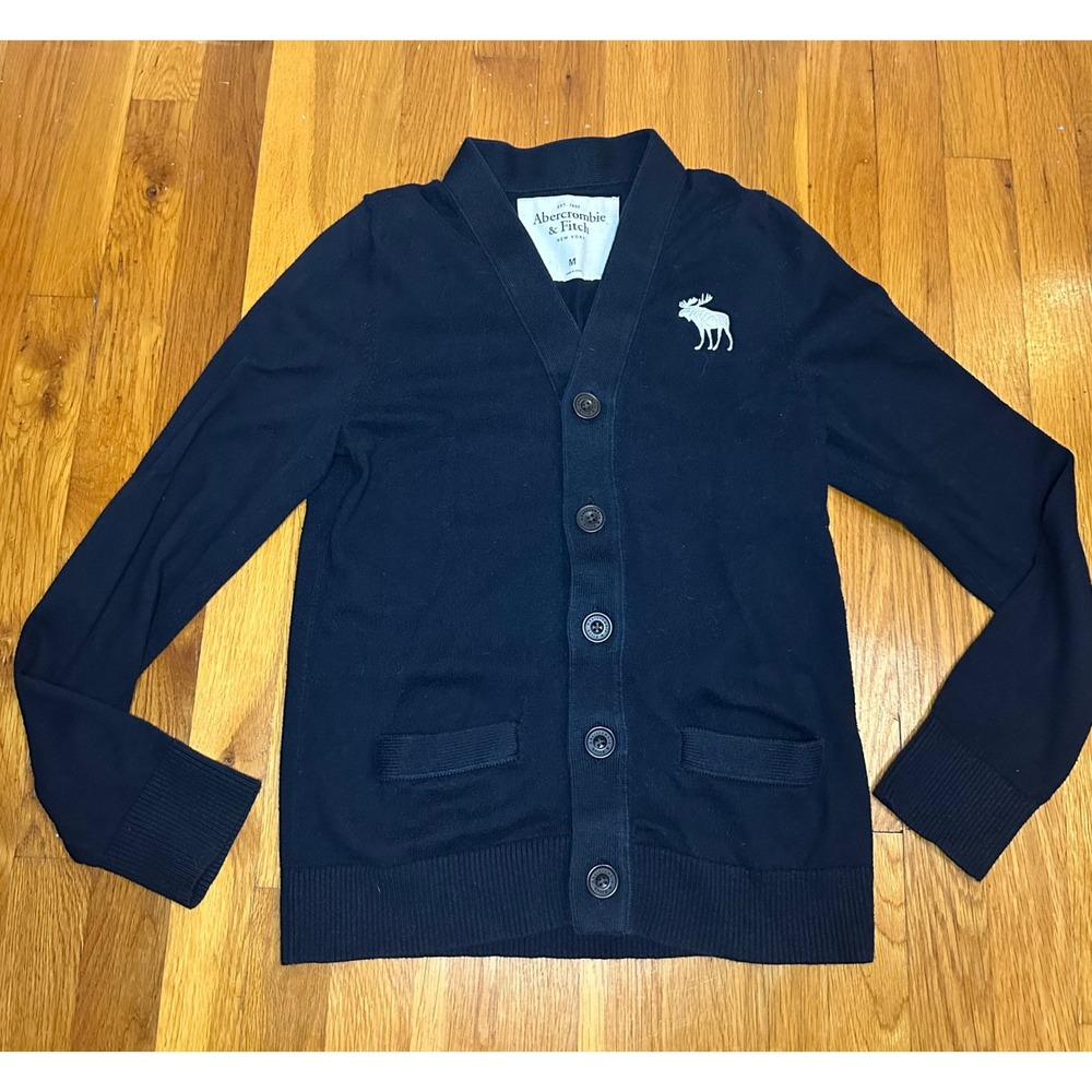 Abercrombie & Fitch Mens Navy Blue Button Front Moose Logo Cardigan Sweater M